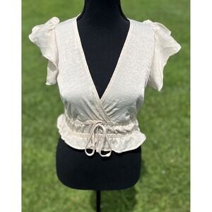 American Eagle Blouse Womens‎ Small Beige Ruffle Flutter Sleeve Crop Top Summer